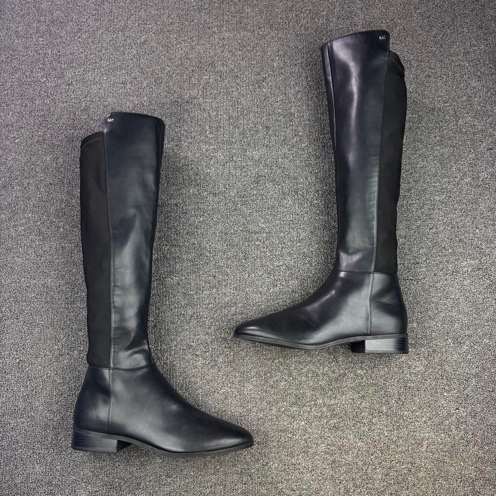 Women’s Black Knee-High Riding Boots - Classic Leather & Stretch Panel